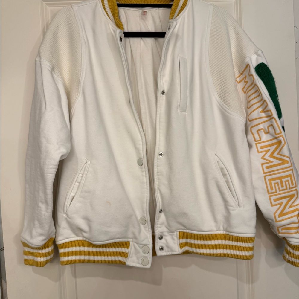 Free People White and Yellow Varsity Jacket